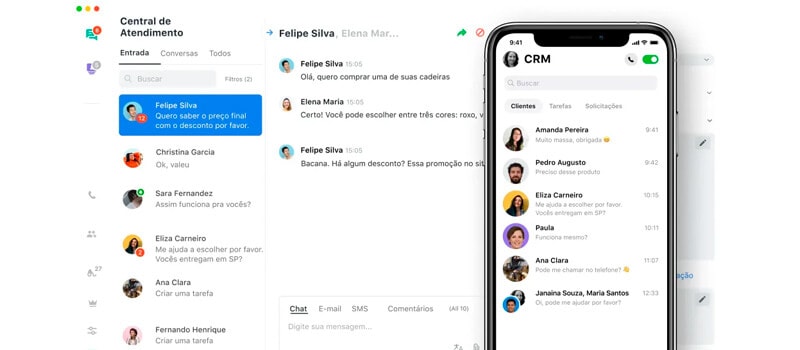 captura de tela do aplicativo jivochat mostrando as opções de tipos de atendimento ao cliente