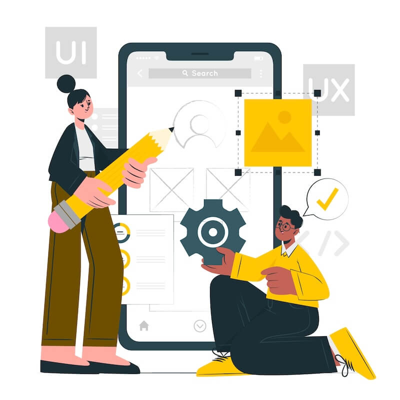 The illustration shows a smartphone screen with several design elements. In front of it a woman holds a pencil and a man hold an engine.