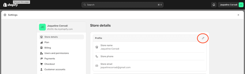 Shopify store details page