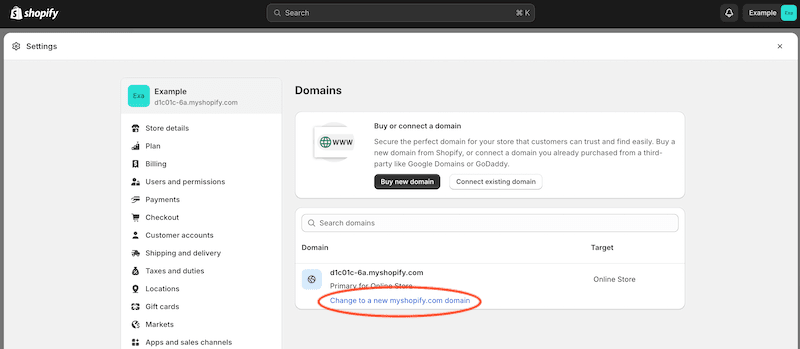 Shopify domains page