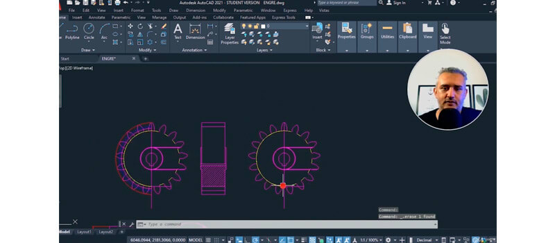 captura de tela do cursode autocad durante a produção de uma engrenagem