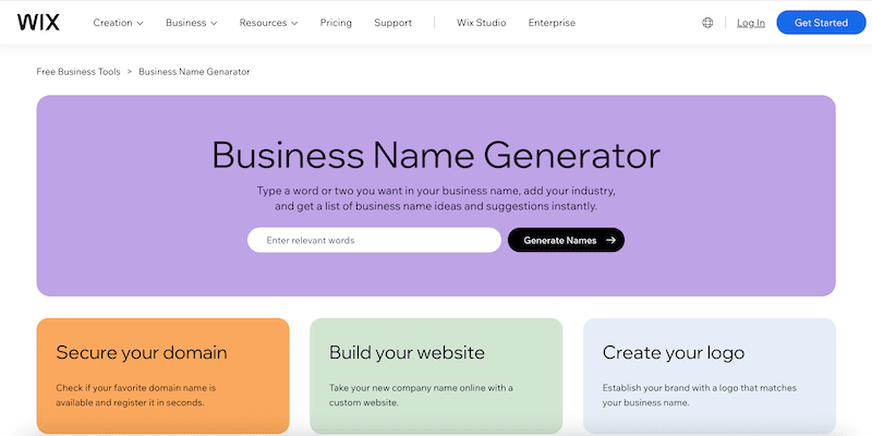 Wix business name generator page