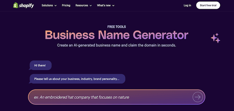 Shopify business name generator page