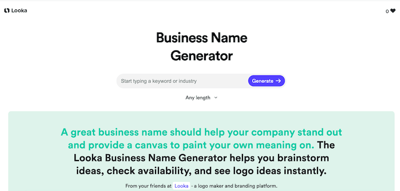 Looka business name generator page