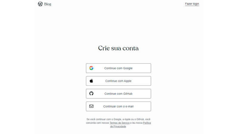 imagem mostrando a área "crie sua conta" do WordPress