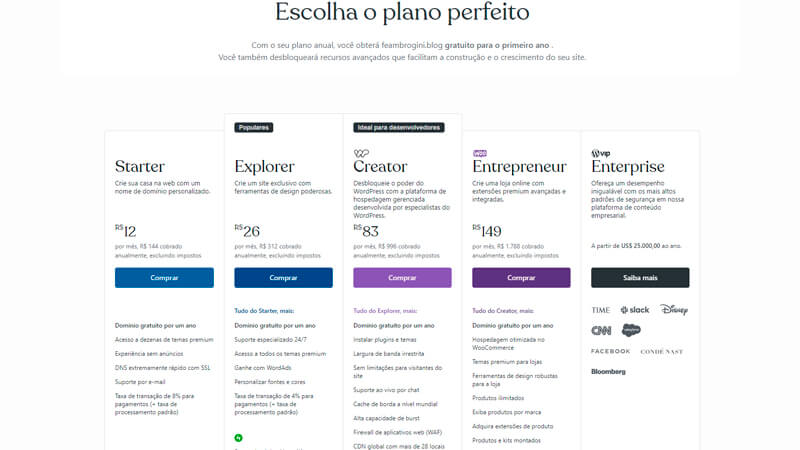 imagem que mostra os diferentes planos de assinatura oferecidos pelo WordPress