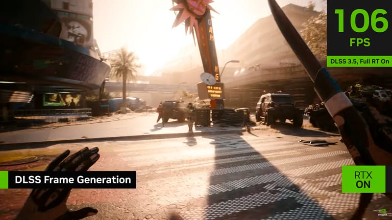 imagem que mostra o jogo Cyberpunk 2077 com a função DLSS Frame Generation ligada