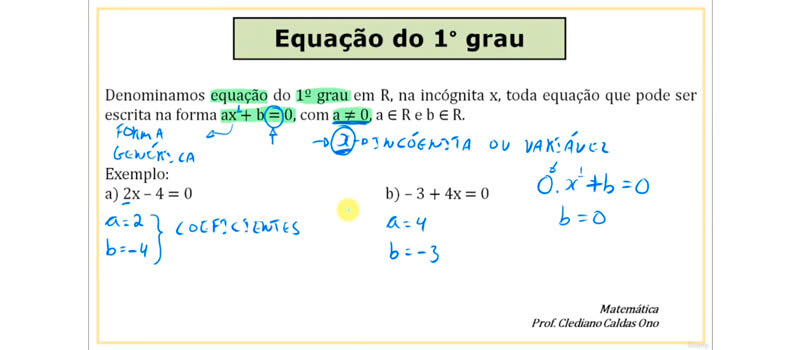 captura de tela do curso de matemática básica mostrando a resolução de uma equação de primeiro grau