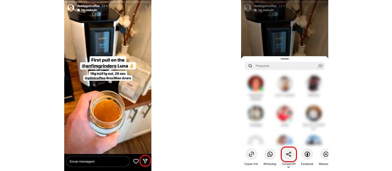 duas capturas de tela mostrando como compartilhar story no instagram