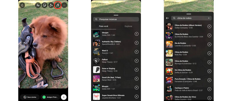 três capturas de tela mostrando como compartilhar músicas em seus stories