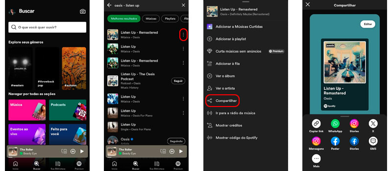 quatro captura de telas mostrando como compartilhar musica do spotify no instagram