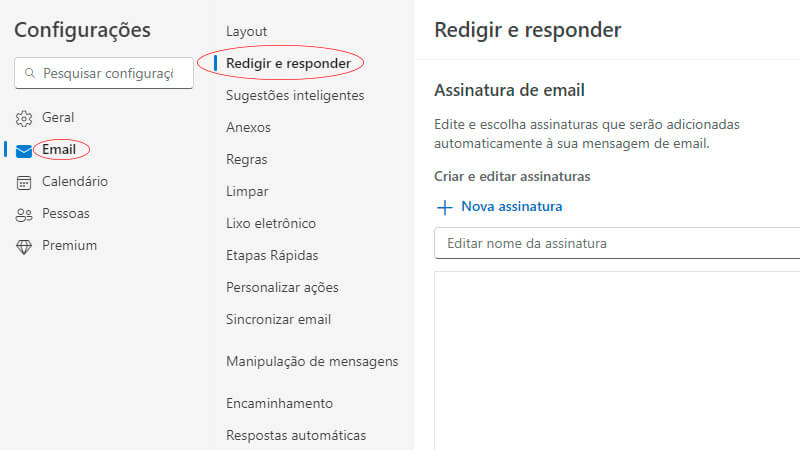 captura de tela da caixa de entrada do Outlook ensinando como acessar as configurações de assinatura de e-mail