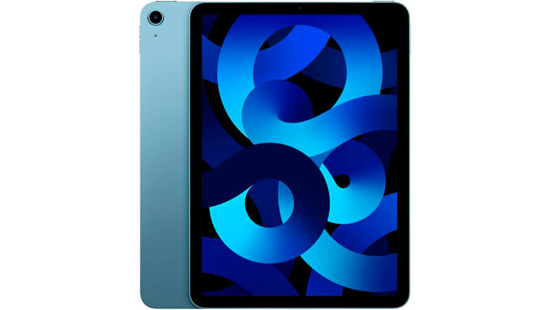 imagem que mostra a parte da frente e de trás de um iPad Air 5ª geração na cor azul