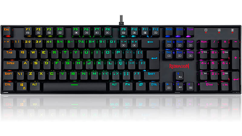 imagem de um teclado mecânico Redragon Mitra na cor preta com iluminação RGB