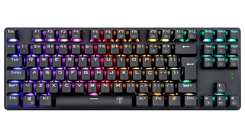 imagem de um teclado mecânico T-Dagger na cor preta com iluminação RGB