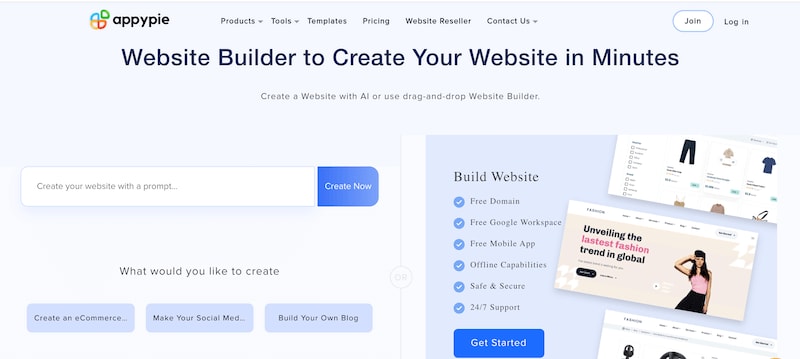 AppyPie website builder page