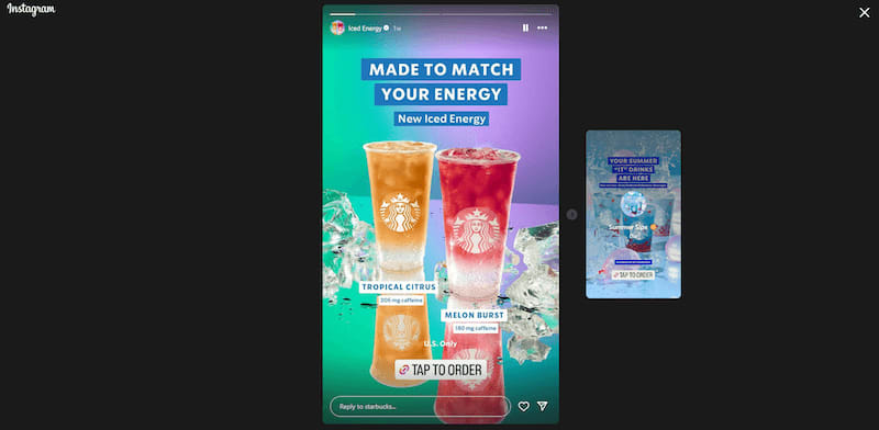 Starbucks stories showing the Tropical Citrus and Melon Burst drinks.