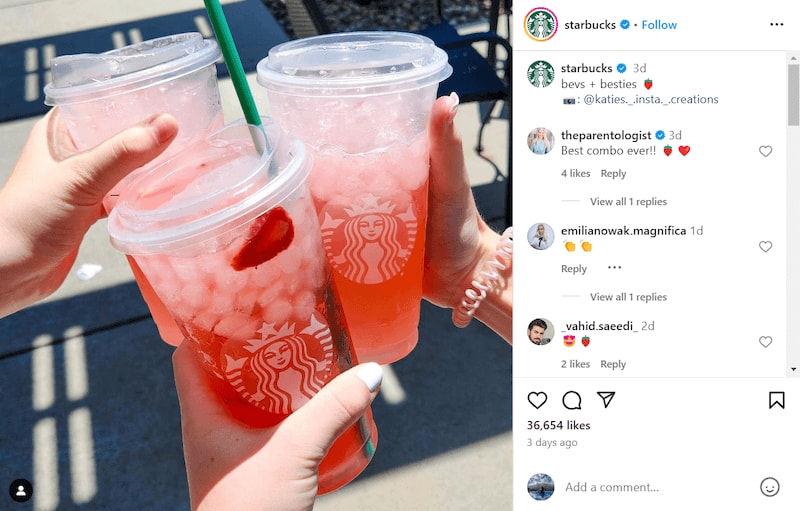 Starbucks Instagram post showing three people holding three drinks.