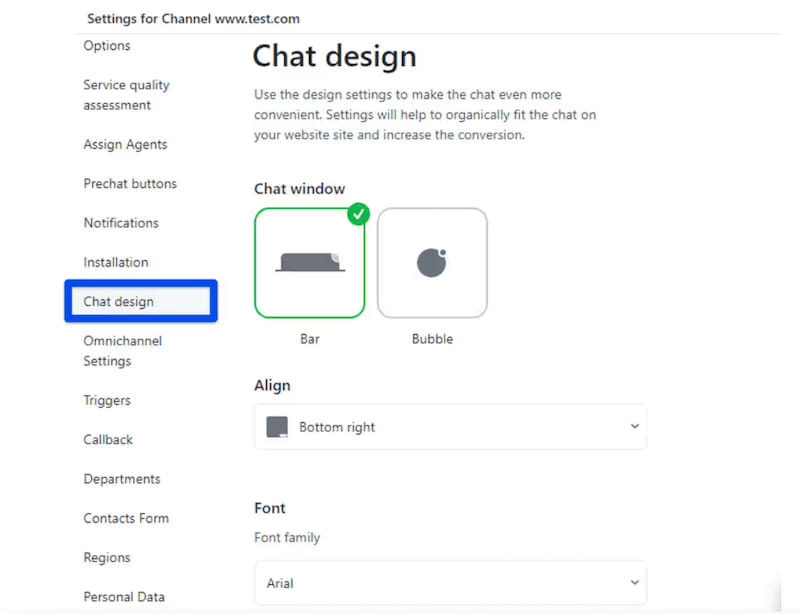 JivoChat app showing the Chat design section 