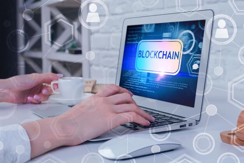 The iamge shows someone using a laptop, in the screen it's written "blockchain".