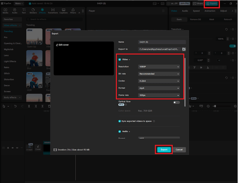 CapCut interface - export video example