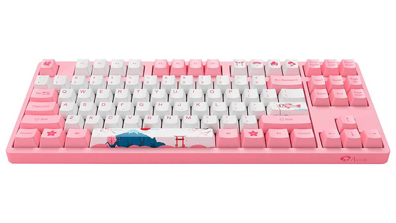 imagem de um teclado Akko Tokyo na cor branca e rosa com design inspirador no japão