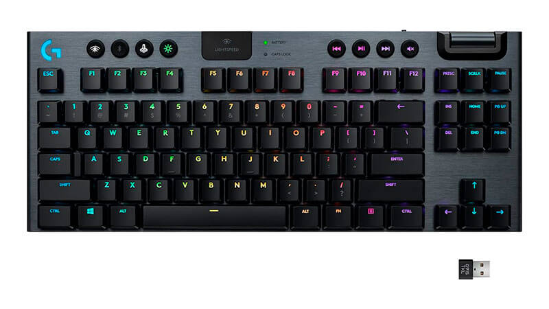 imagem de um teclado mecânico sem fio Logitech G915 na cor cinza e preta com iluminação RGB