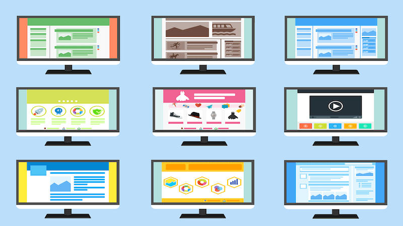 The image shows several screens with different types of websites