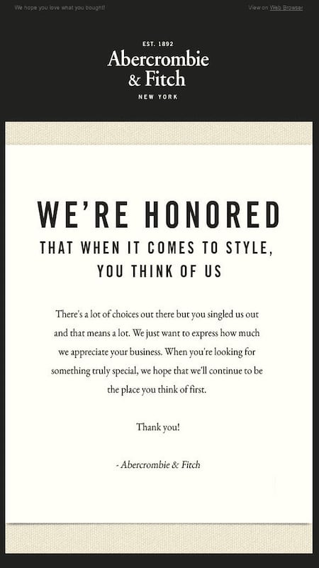 The image shows Abercrombie & Fitch thank you for your order email