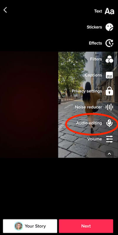 The image shows the TikTok edit menu where the audio editing button is highlighted.