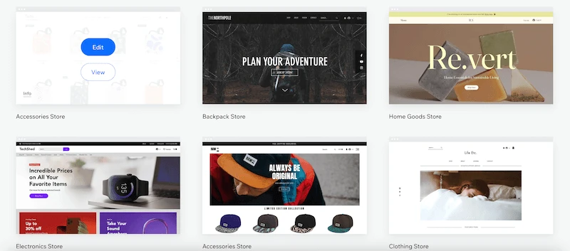 Wix ecommerce templates page