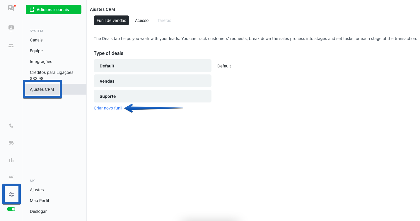 Guia do CRM JivoChat Captura de tela indicando o menu de ajustes do CRM
