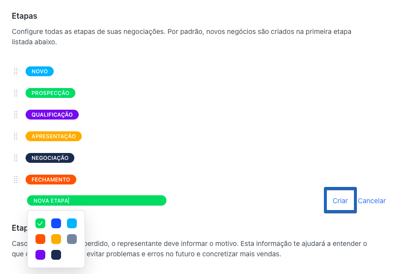 Adicionar cores para etapas Captura de tela indicando seleção de cor para uma nova etapa