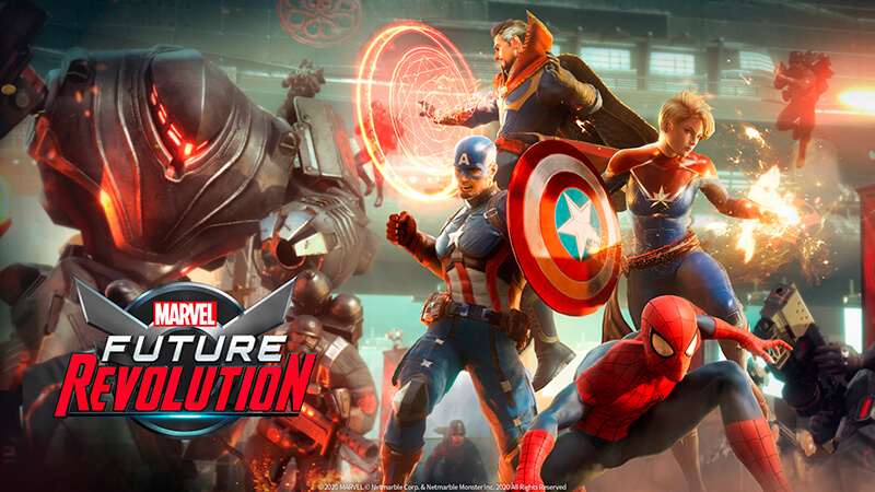 imagem com a logo do Marvel Future Revolution onde alguns heróis lutam contra robôs