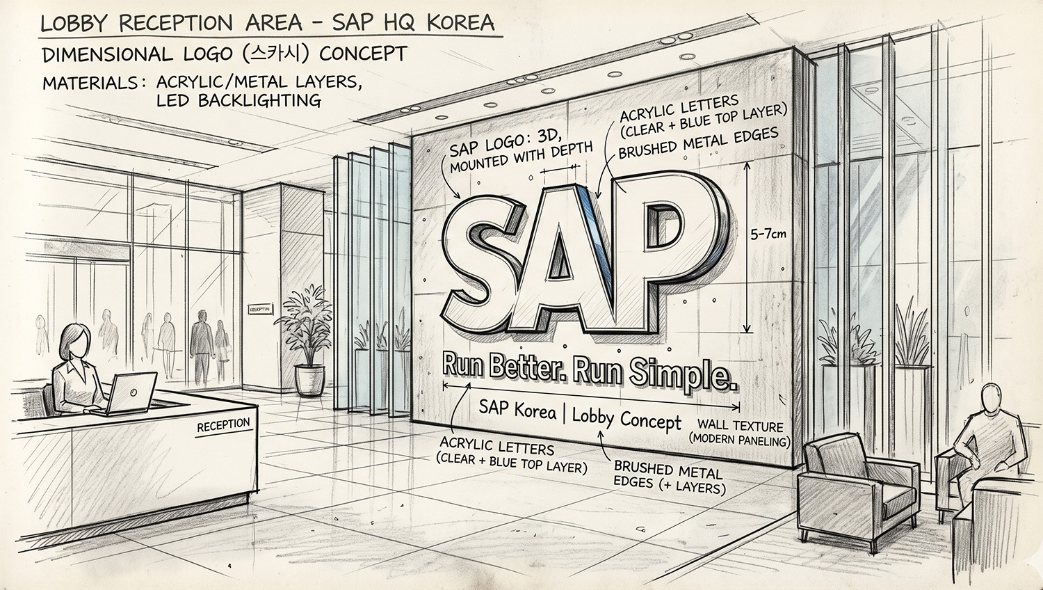 로비 리셉션 벽면의 SAP 입체 로고와 후면 조명을 그린 콘셉트 스케치