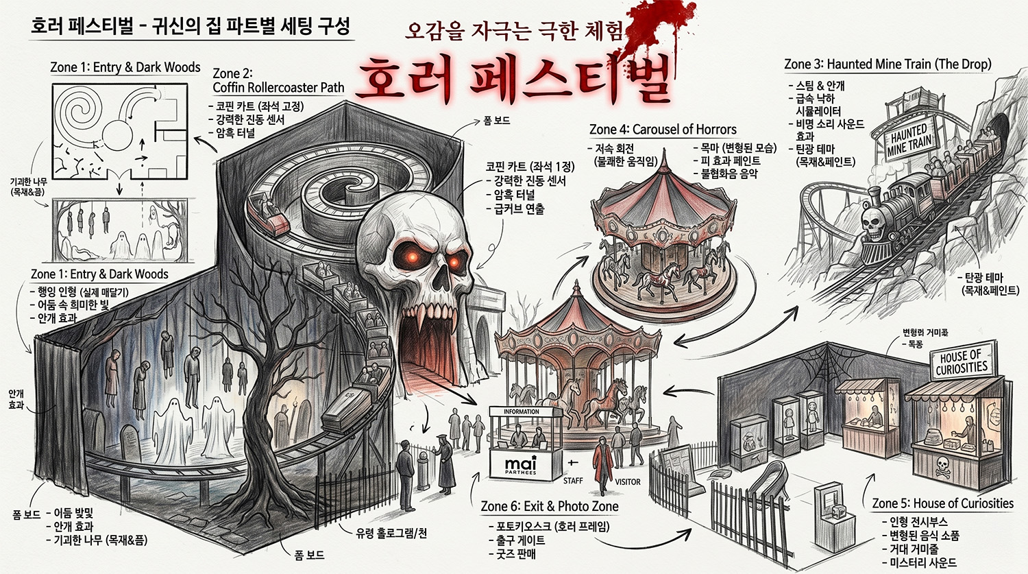 입장 구역과 놀이시설, 전시 공간, 포토존으로 나눈 호러 페스티벌 행사장 구성 스케치