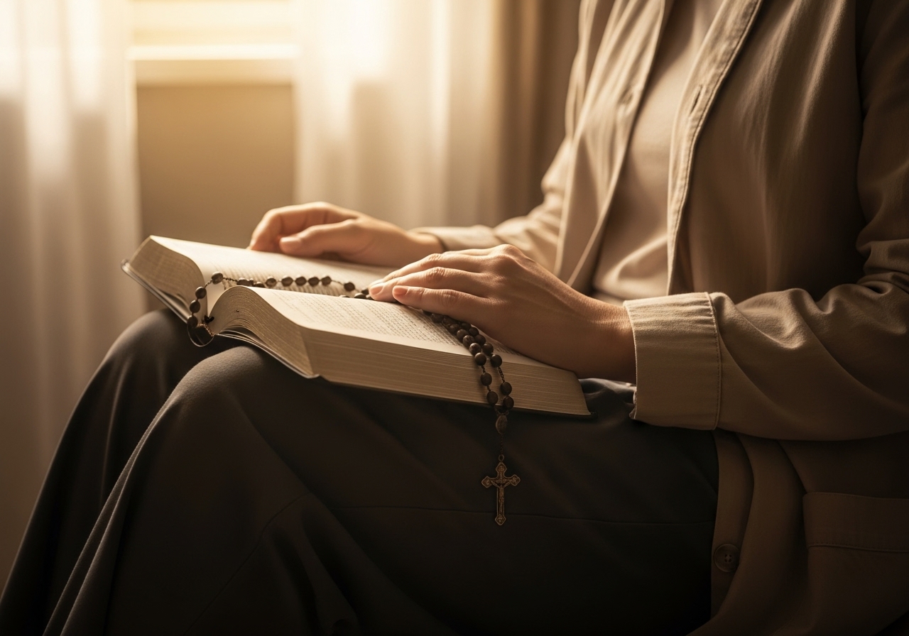 Person reading Bible, Lectio Divina, rosary, Catholic daily prayer, spiritual reading, meditation