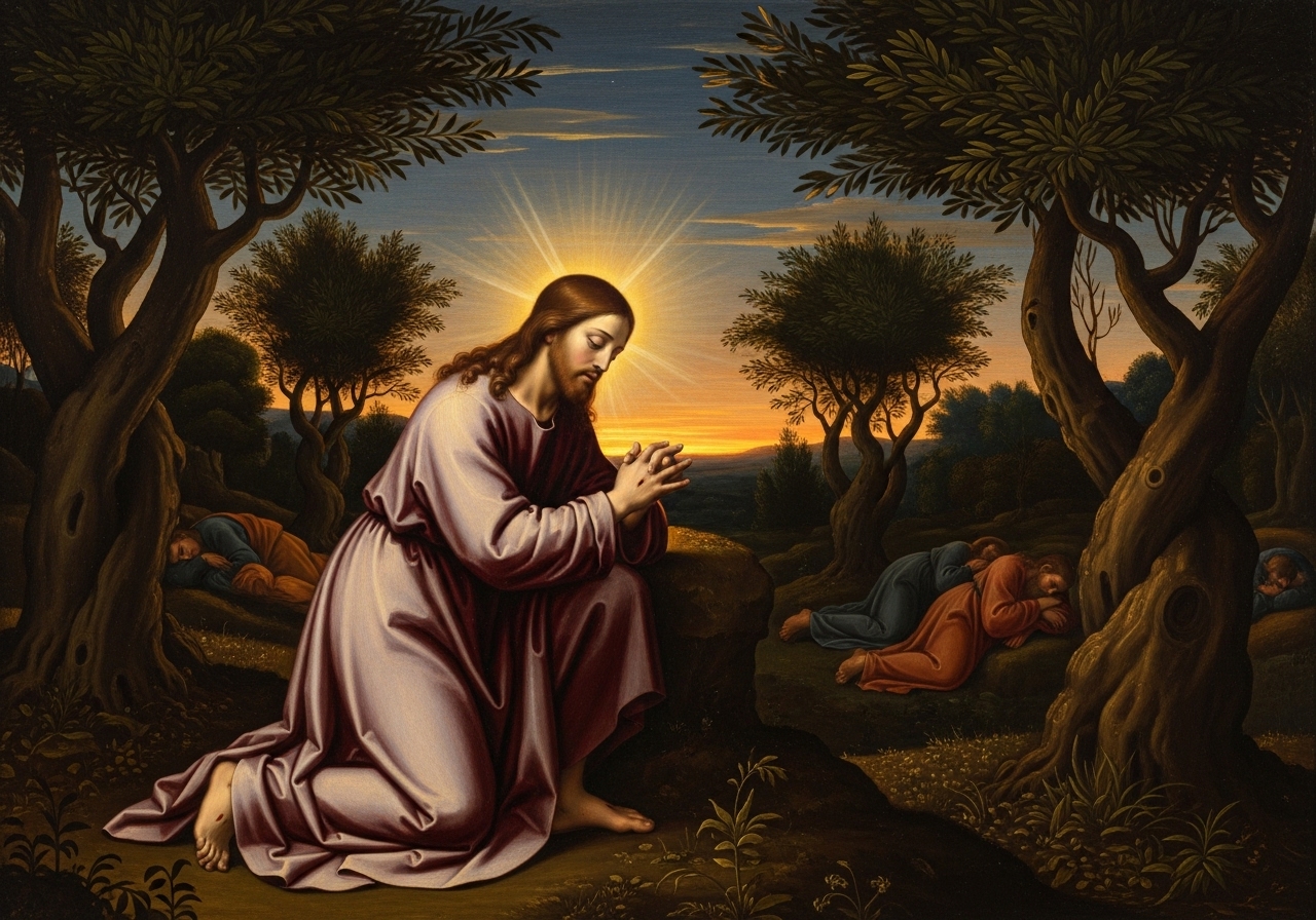 Jesus praying Gethsemane, Catholic prayer example, spiritual devotion, Garden of Olives, biblical prayer