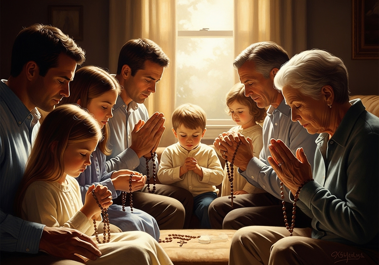 Family praying Rosary, Catholic devotion, family prayer, spiritual practice, deepening faith, rosary beads