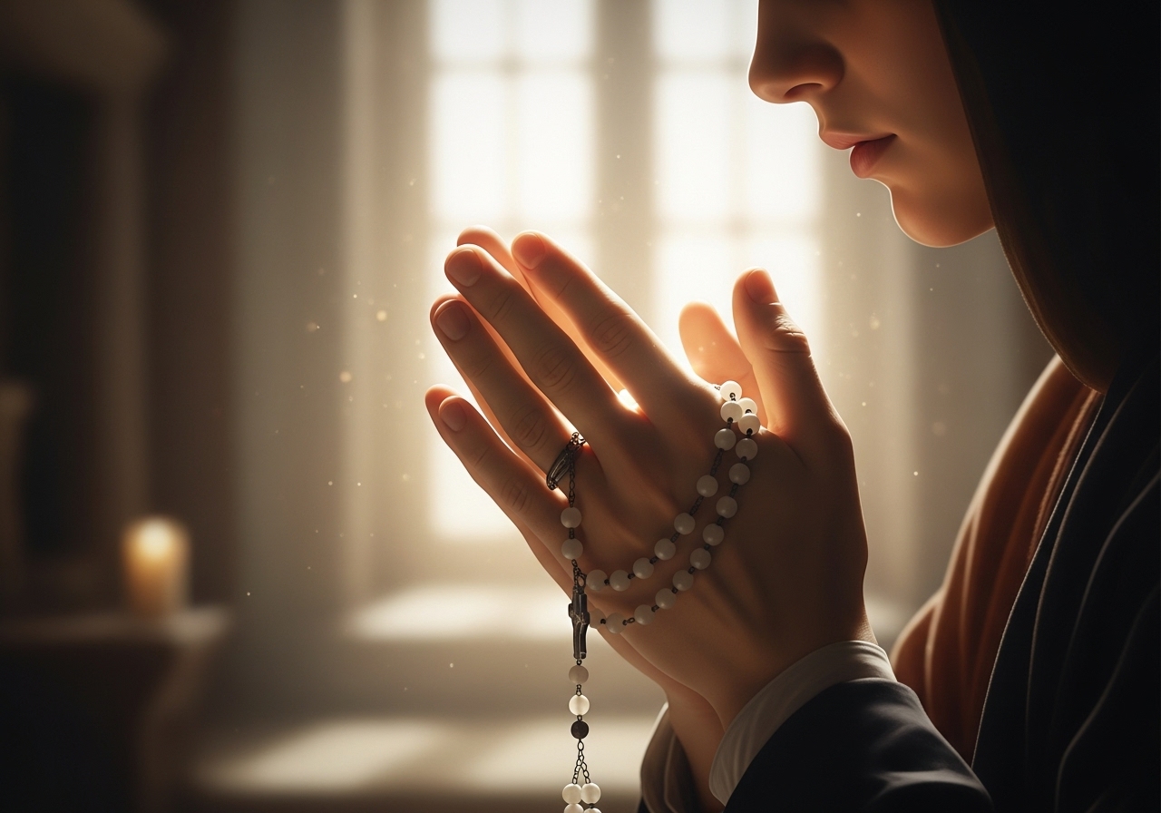 Beginner praying rosary, spiritual contemplation, Catholic devotion, peaceful prayer