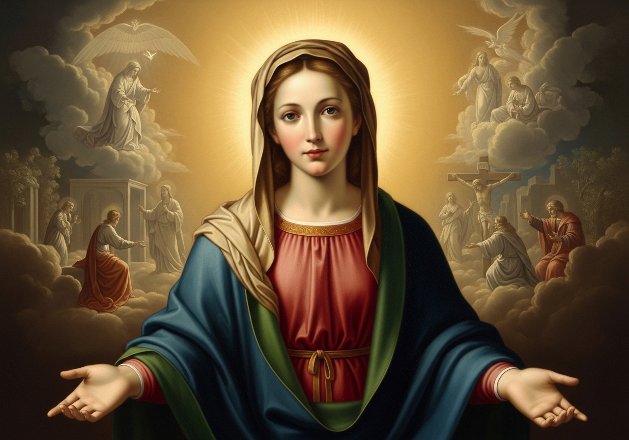 Virgin Mary intercessor, Marian devotion, Mysteries of the Rosary, spiritual guidance, Mother of God