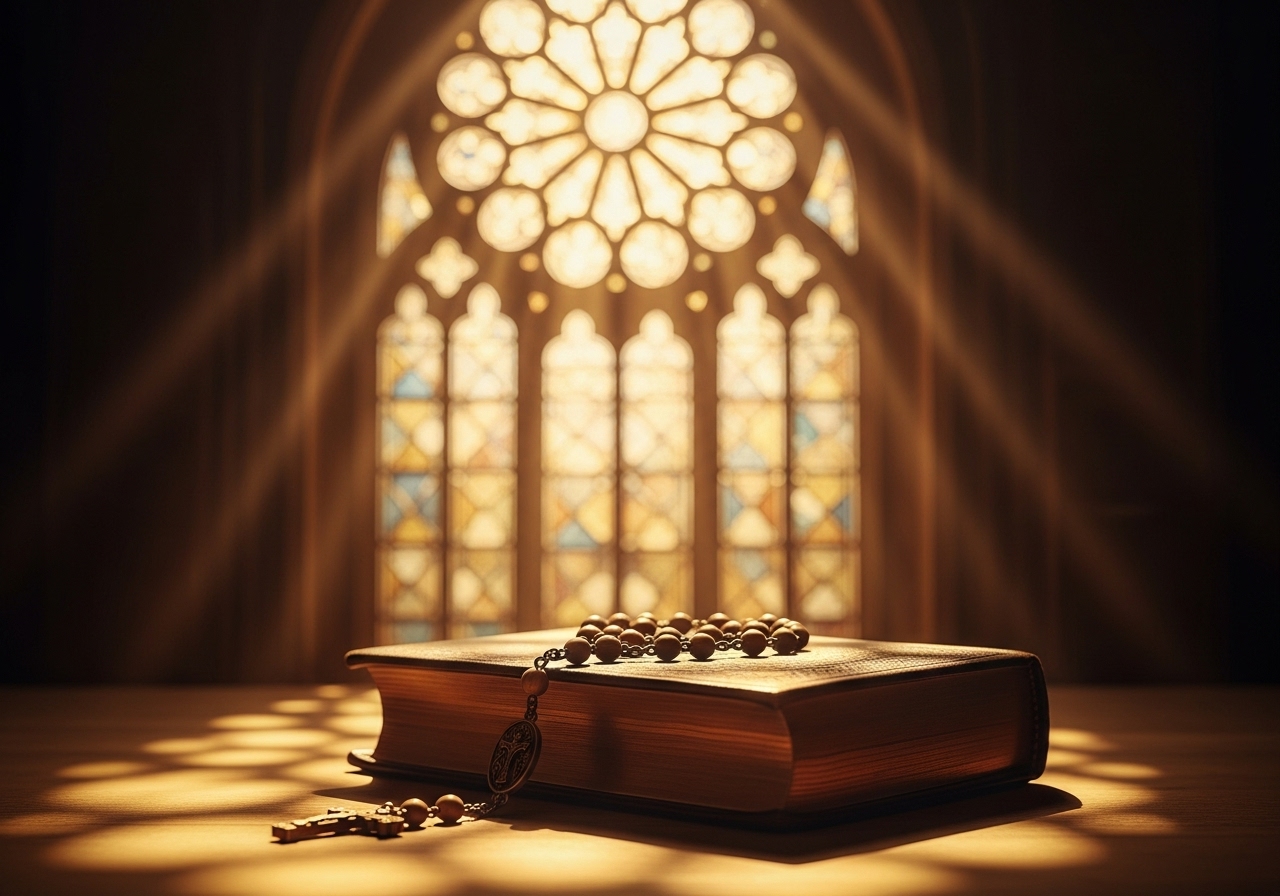 Divine grace rosary, spiritual hope, Catholic prayer power, stained glass light