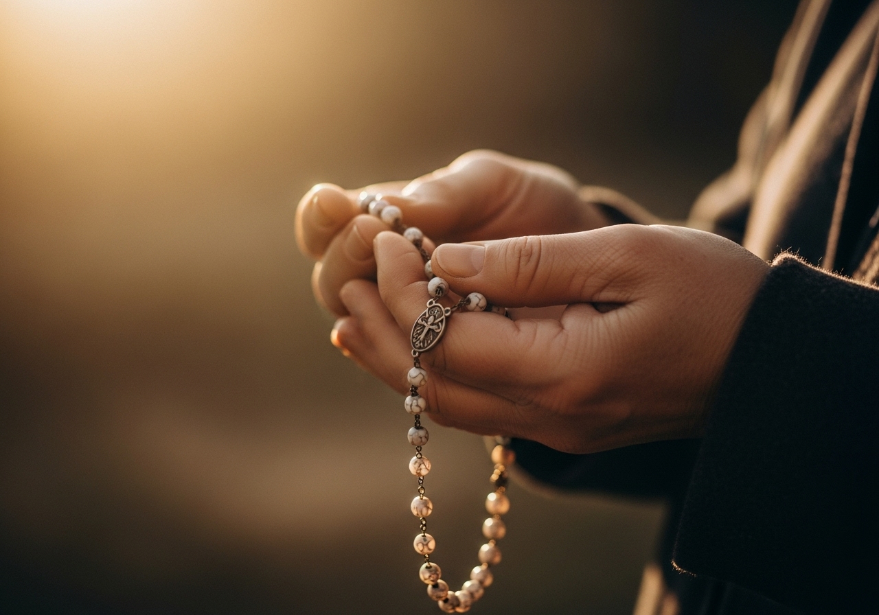 Hands holding rosary beads, how to pray rosary step by step, Catholic prayer beads, practical rosary guide