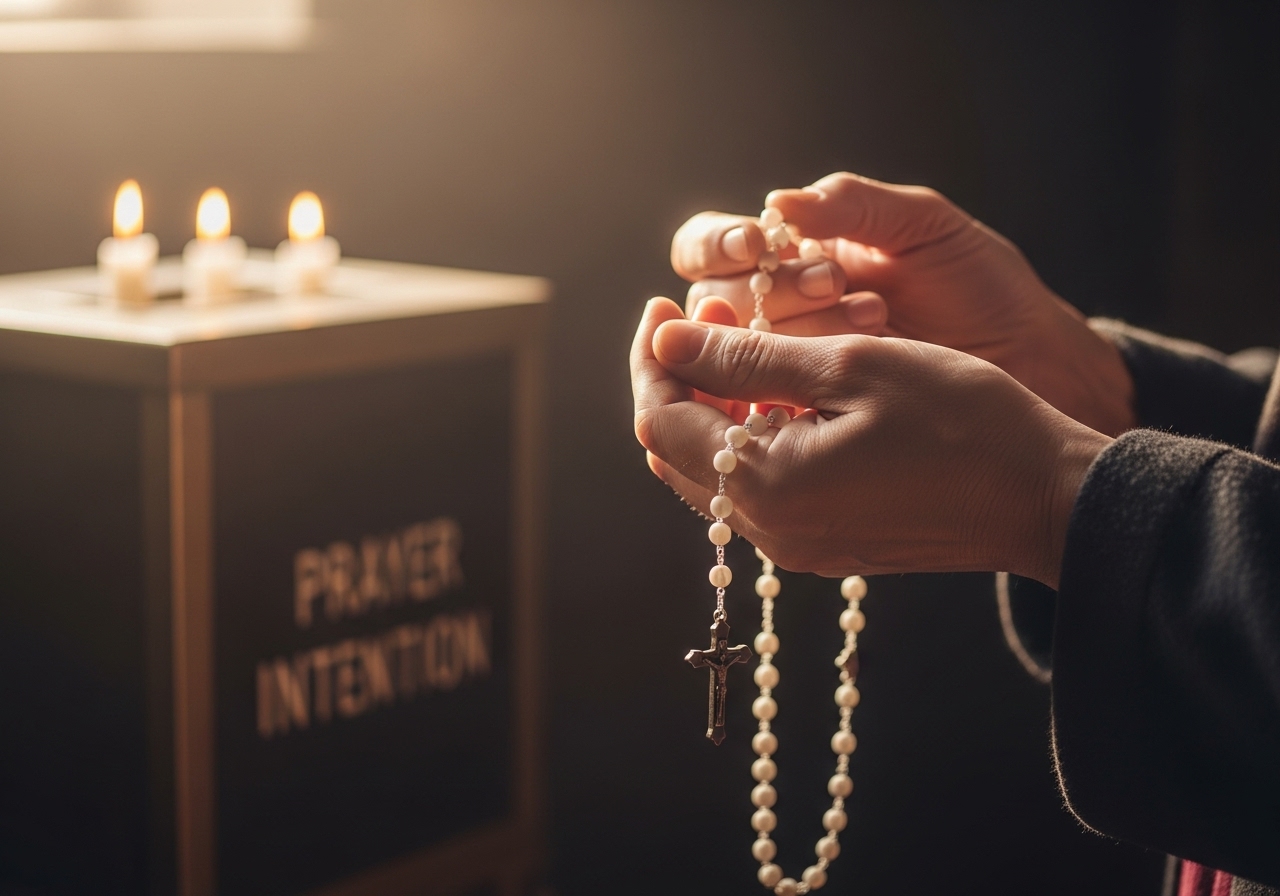 Praying hands holding rosary beads, symbolic of Catholic supplication and intercession for loved ones and the world.