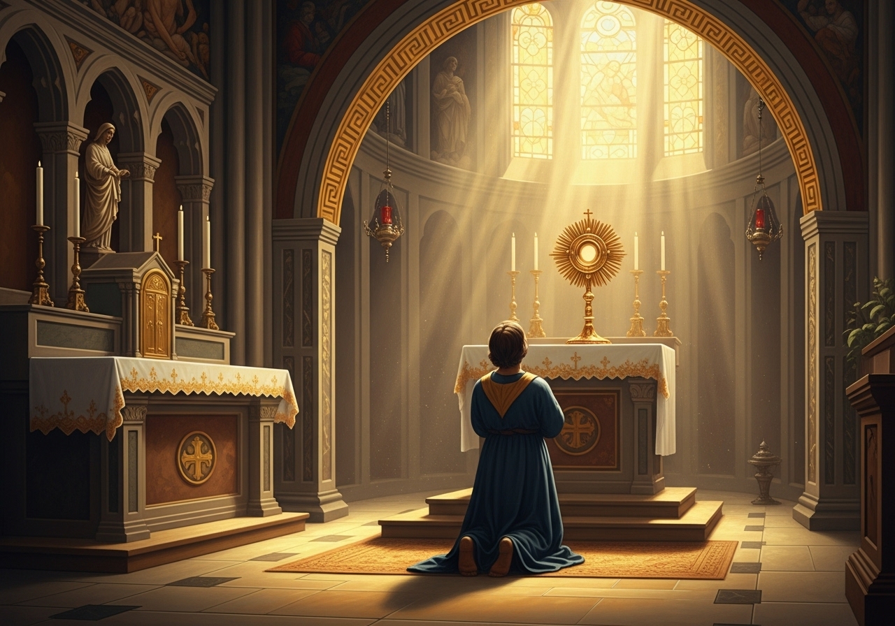 Person kneeling in reverent Adoration before a golden monstrance, soft light, deep reflection, Catholic prayer.