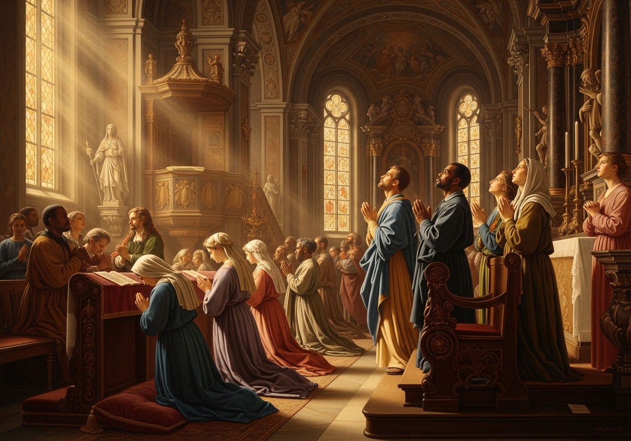 Diverse group praying, representing Adoration, Contrition, Thanksgiving, Supplication, and Praise in Catholic prayer.