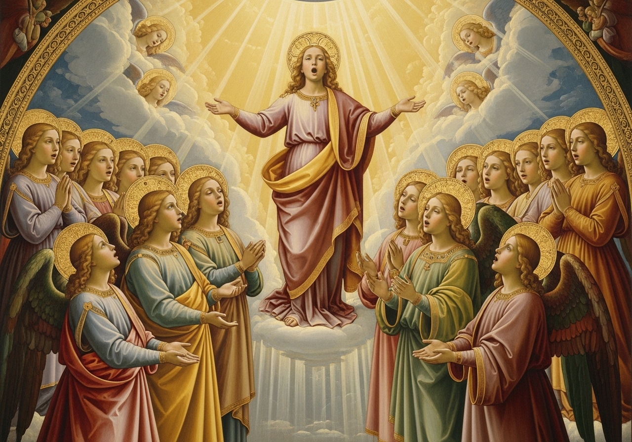 Celestial choir of angels offering joyful praise and glory to God, illustrating the spiritual essence of praise prayer.