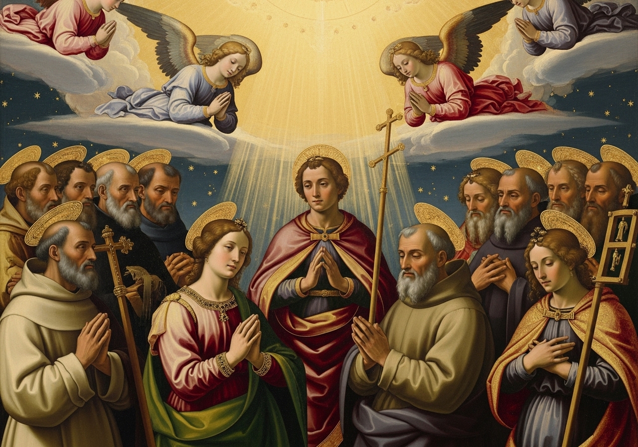 Heavenly host and saints praying, illustrating intercession and the Communion of Saints.