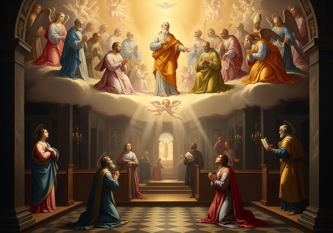 Artistic depiction of the Communion of Saints, unifying earthly believers and heavenly saints in prayer.