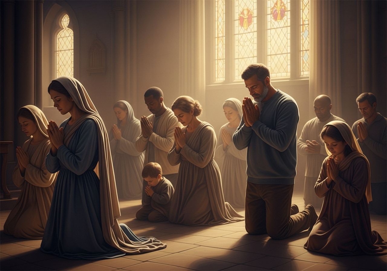 Catholics praying, inspired by saints, showing personal devotion and spiritual growth.